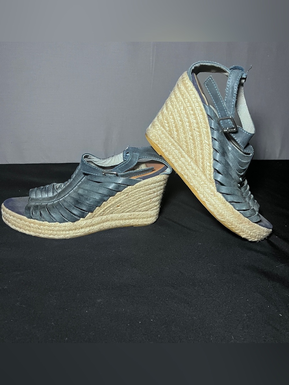 kanna Blue Braided Leather Wedge Espadrilles Size 39